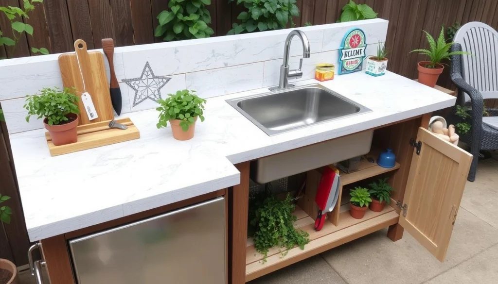 Customized low budget DIY outdoor kitchen sink with herb planter and tool storage Customized low budget DIY outdoor kitchen sink with herb planter and tool storage