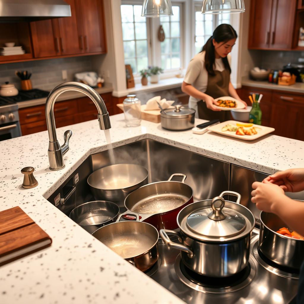 Deep under-mount sink being used for washing large pots and pans
