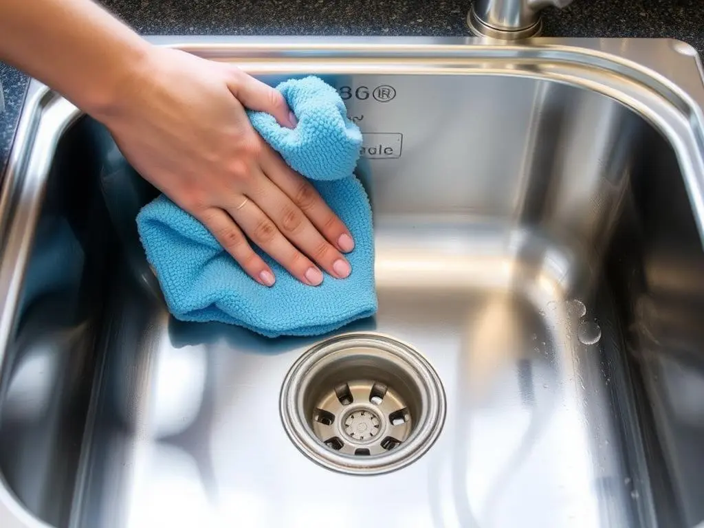 Drying stainless steel sink with microfiber cloth to prevent rust Drying stainless steel sink with microfiber cloth to prevent rust
