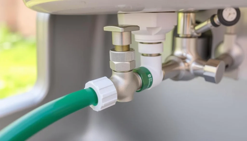 Garden hose connection setup for water supply to a low budget DIY outdoor kitchen sink Garden hose connection setup for water supply to a low budget DIY outdoor kitchen sink