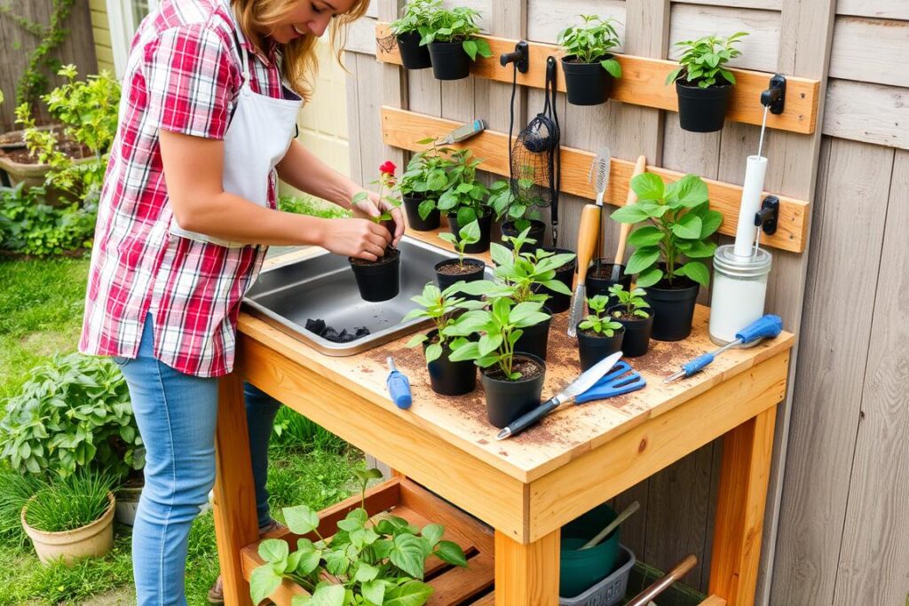 Gardener using an outdoor potting bench with sink for repotting plants