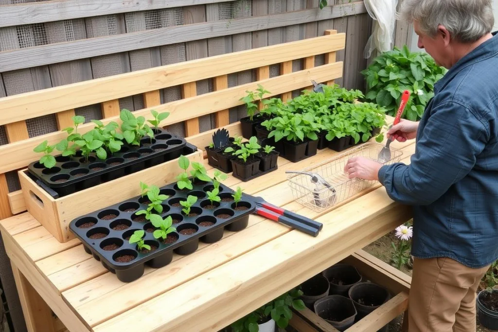 Gardener using potting bench for multiple gardening tasks including seed starting Gardener using potting bench for multiple gardening tasks including seed starting
