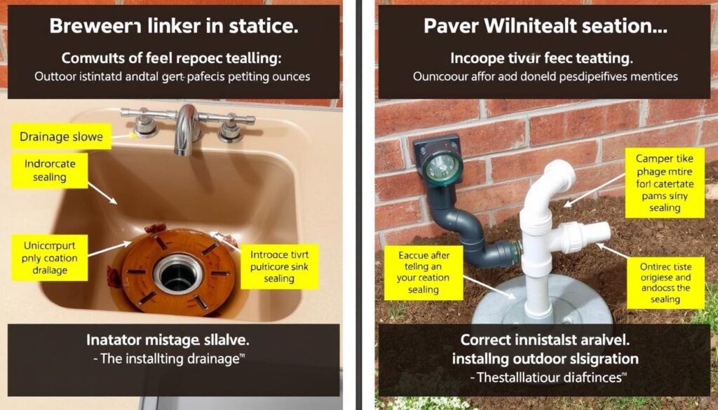 Illustration of common mistakes in outdoor sink installation with correct alternatives