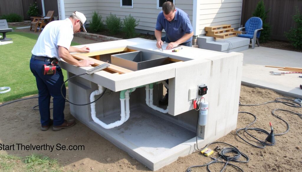Installation process of an outdoor kitchen island with sink showing foundation and utility connections