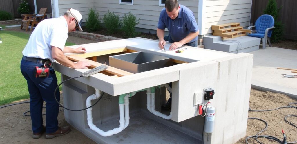 Installation process of an outdoor kitchen island with sink showing foundation and utility connections