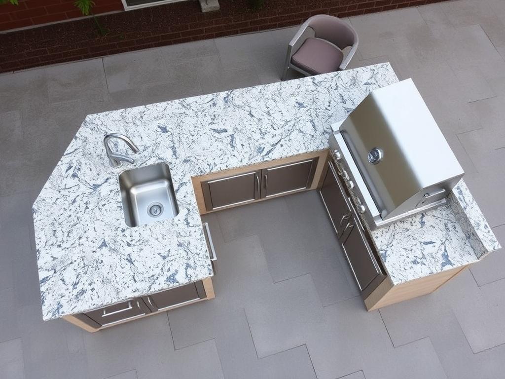 L-shaped outdoor kitchen island with sink and built-in grill