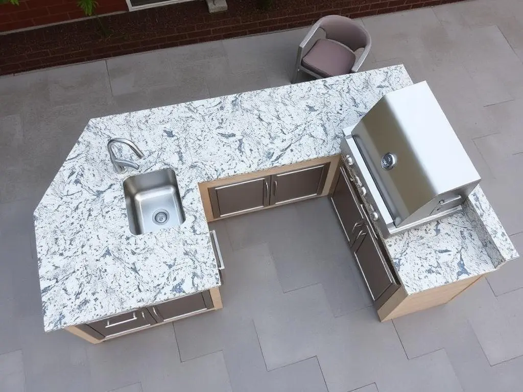 L-shaped outdoor kitchen island with sink and built-in grill L-shaped outdoor kitchen island with sink and built-in grill