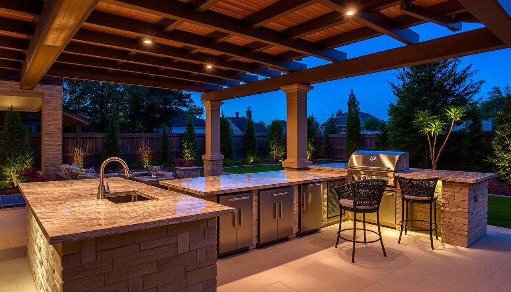 Luxurious outdoor kitchen island with integrated sink, grill, and bar seating area