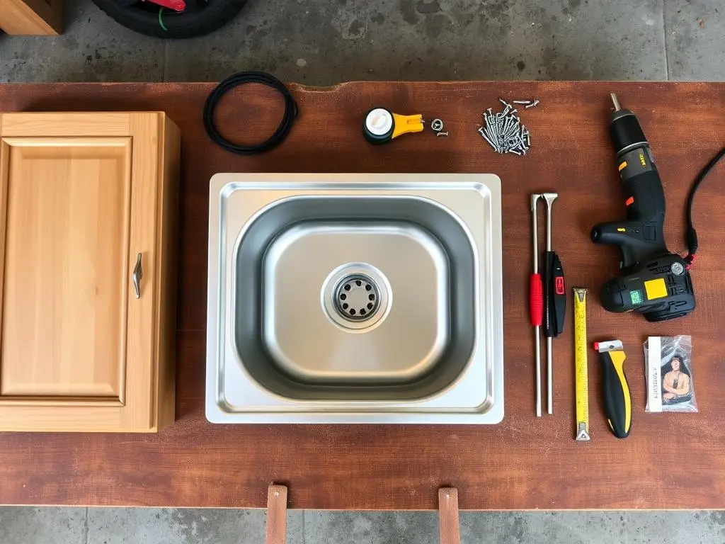 Materials laid out for building a low budget DIY outdoor kitchen sink including repurposed cabinet, sink basin, and plumbing supplies
