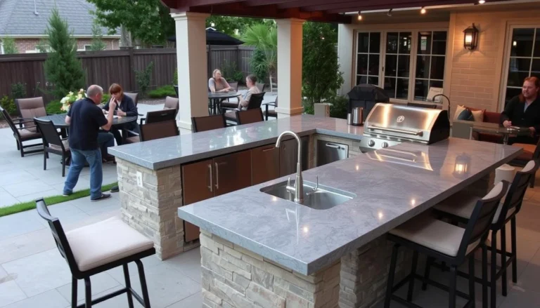 Modern outdoor kitchen island with built-in sink and grill surrounded by bar seating