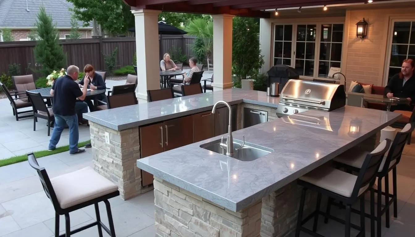 Modern outdoor kitchen island with built-in sink and grill surrounded by bar seating