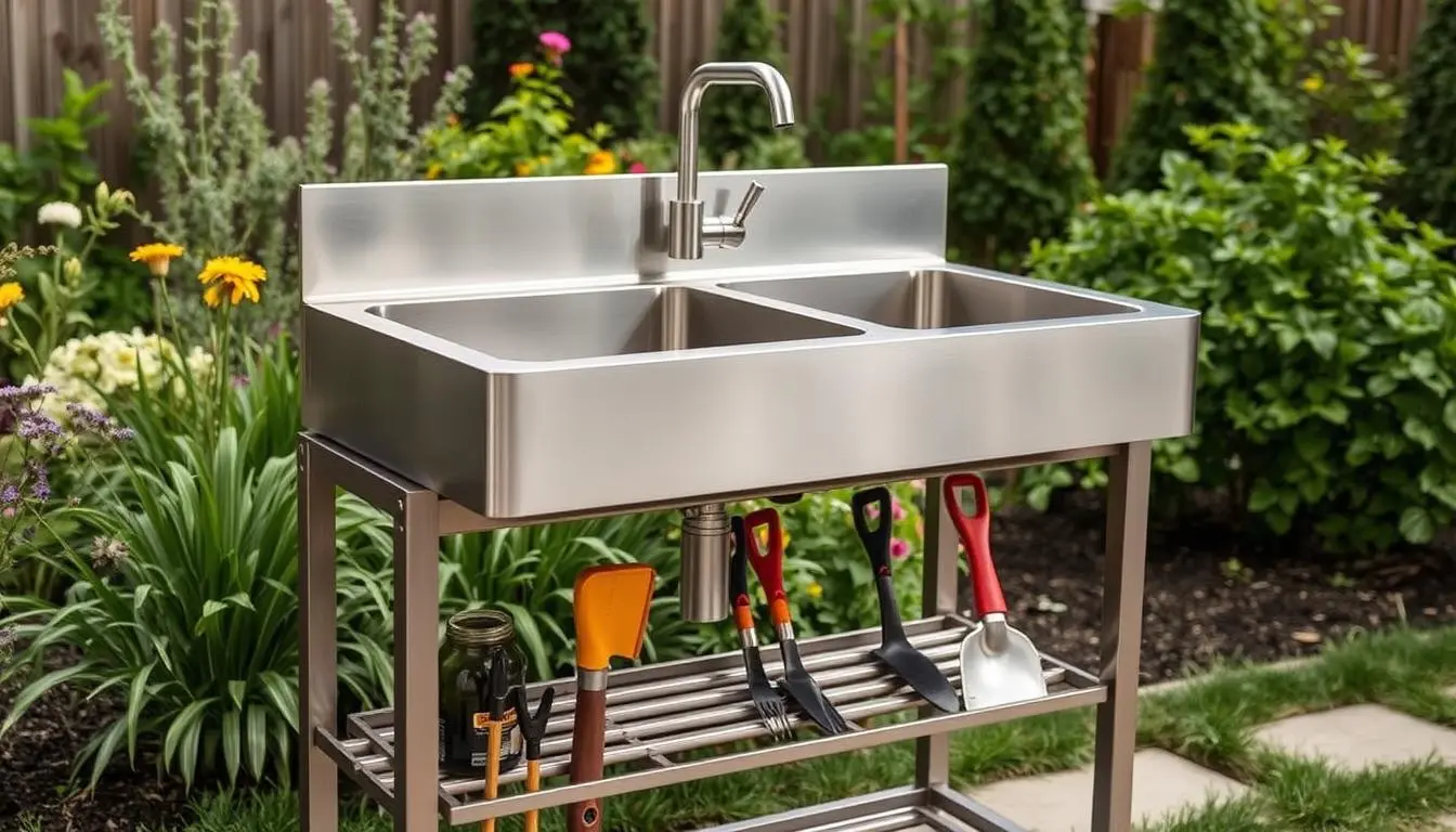 Modern outdoor laundry sink installed in a backyard setting with garden tools nearby