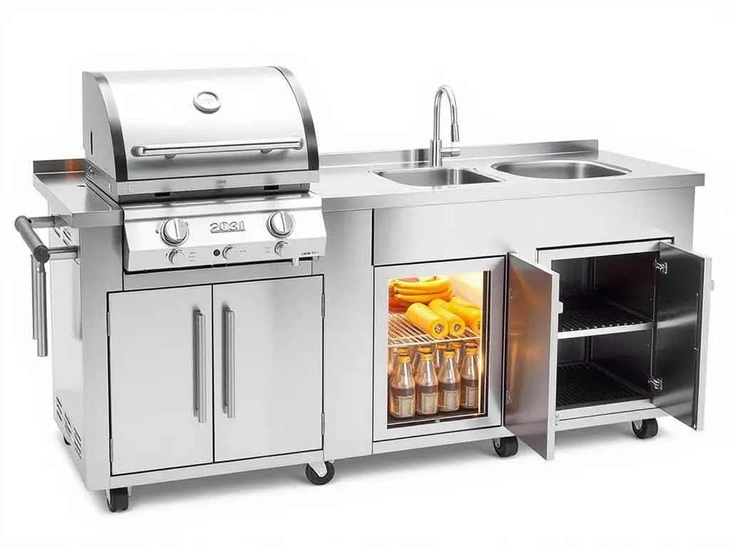 Mont Alpi 805 Deluxe BBQ Grill Island with Beverage Center featuring a built-in sink Mont Alpi 805 Deluxe BBQ Grill Island with Beverage Center featuring a built-in sink