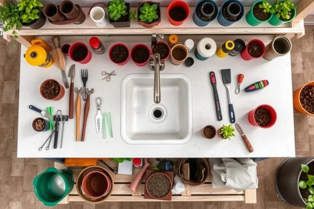 Organized potting bench workspace with tools and supplies neatly arranged Organized potting bench workspace with tools and supplies neatly arranged