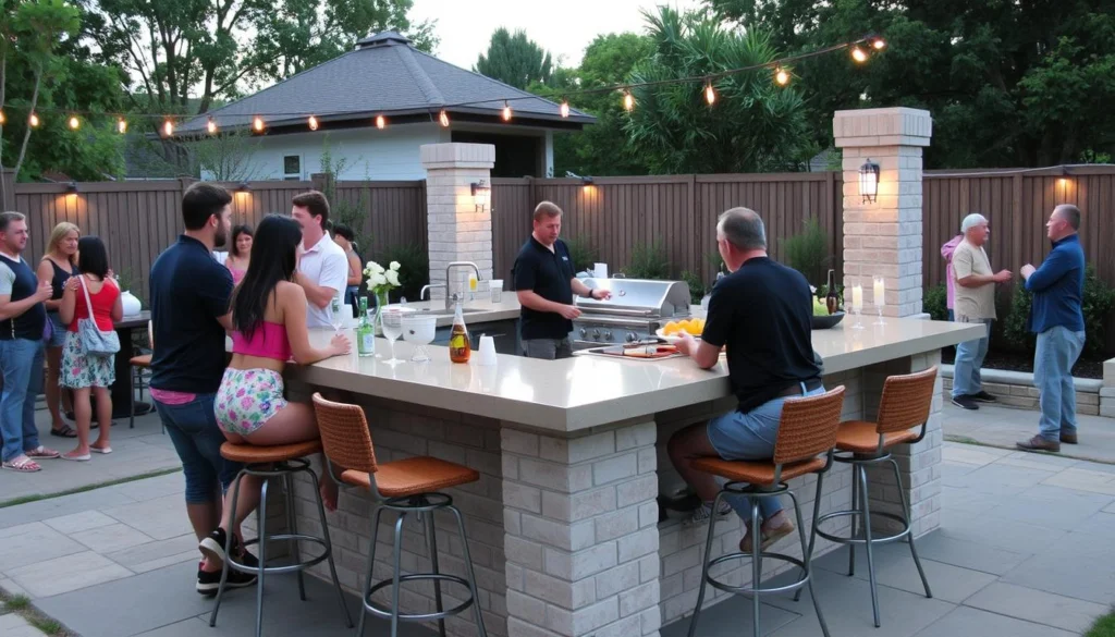 Outdoor kitchen island with extended countertop for bar seating Outdoor kitchen island with extended countertop for bar seating