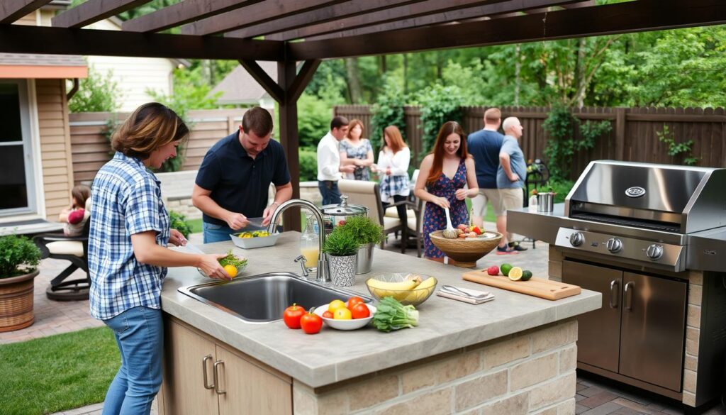 Outdoor kitchen island with sink being used by family during backyard gathering