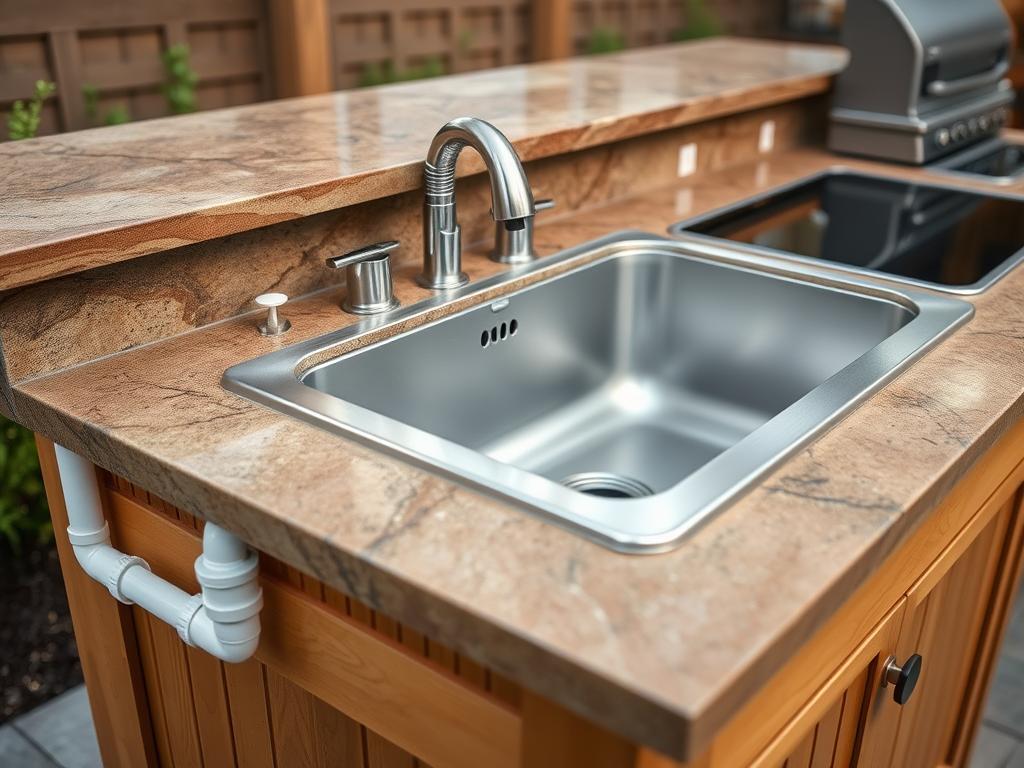 Outdoor kitchen island with sink showing plumbing connections and weather-resistant materials