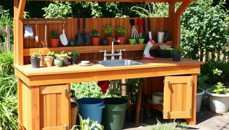 Outdoor potting bench with sink in a garden setting with plants and gardening tools