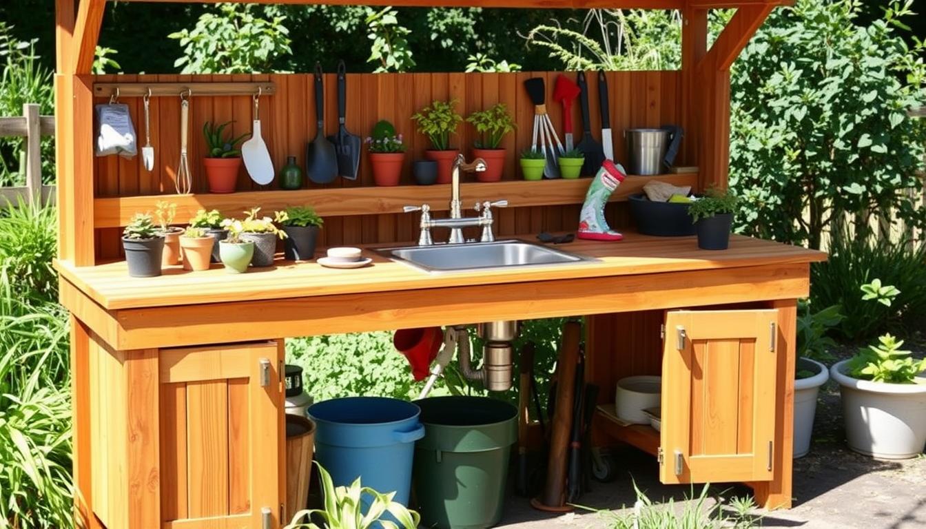 Outdoor potting bench with sink in a garden setting with plants and gardening tools