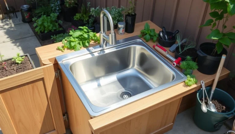 Outdoor sink being used for gardening tasks with plants and tools nearby