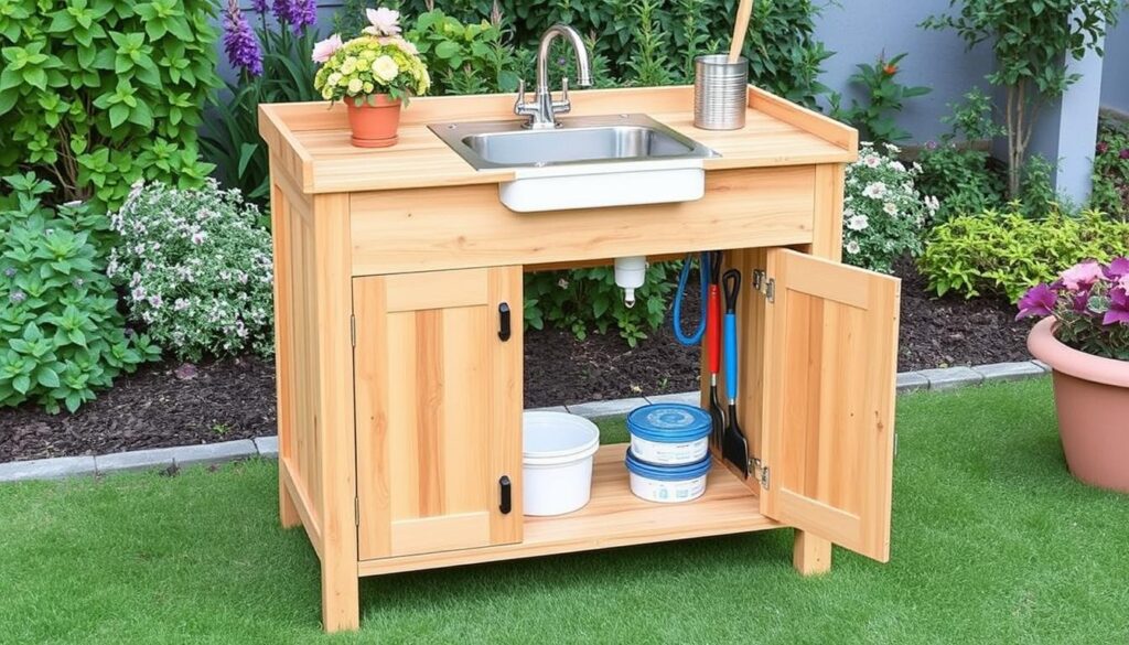 Outsunny Garden Potting Table with Storage Cabinet and Removable Sink