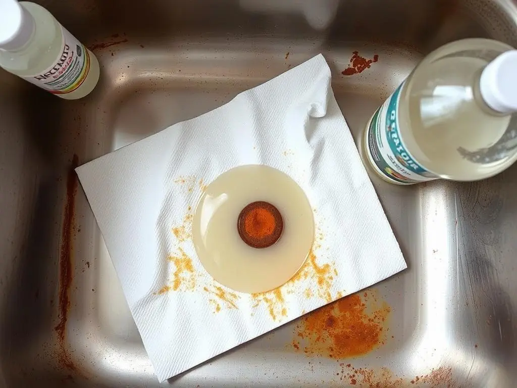 Paper towel soaked in vinegar placed on rust stain in sink Paper towel soaked in vinegar placed on rust stain in sink
