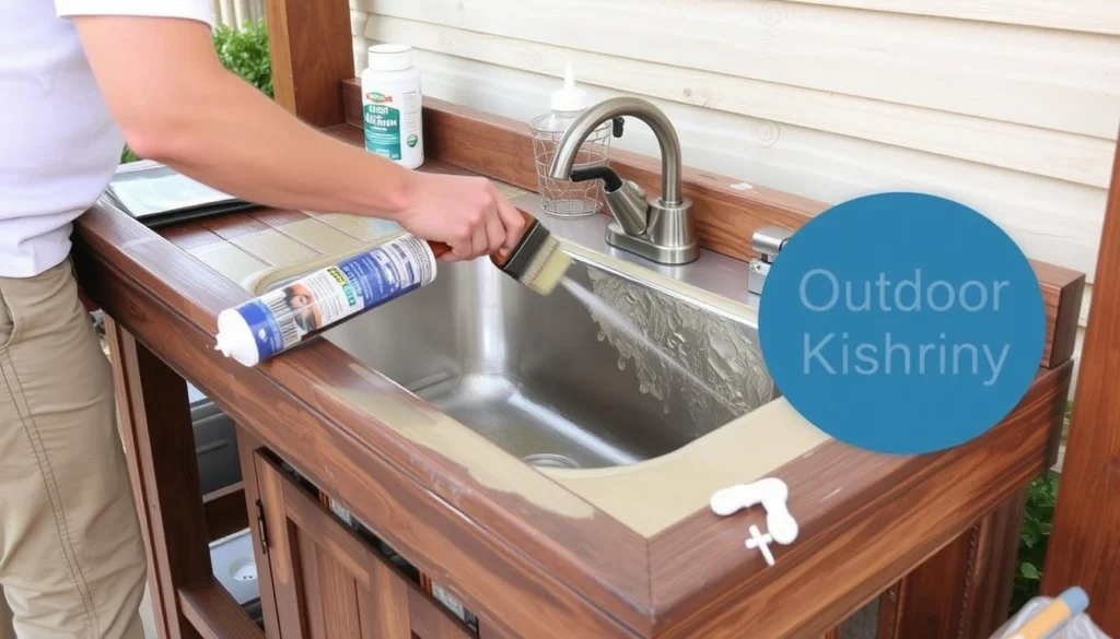 Person applying waterproof sealant to a low budget DIY outdoor kitchen sink Person applying waterproof sealant to a low budget DIY outdoor kitchen sink