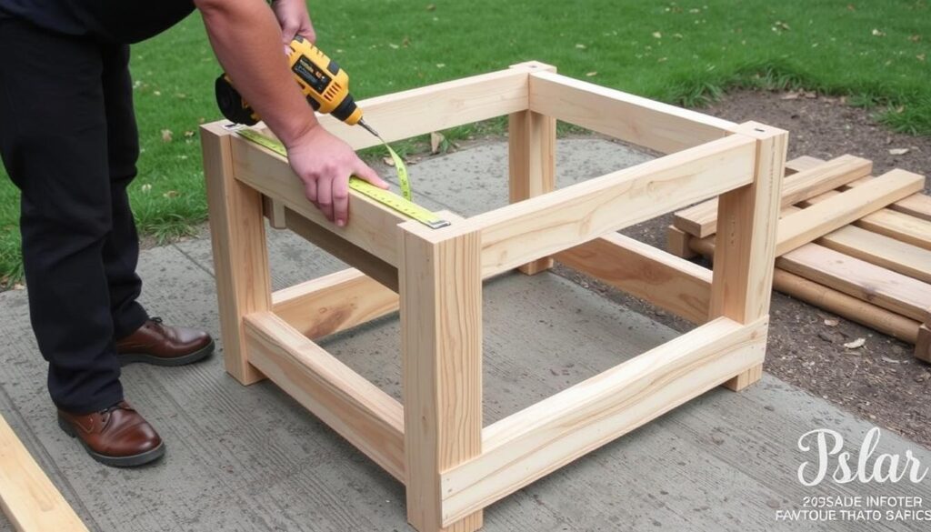 Person assembling a wooden frame base for a low budget DIY outdoor kitchen sink