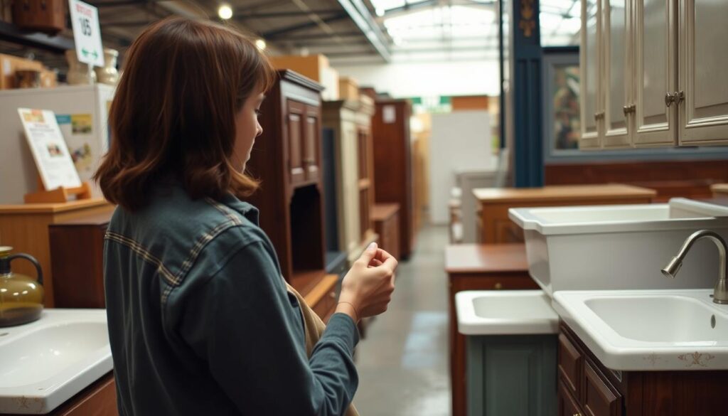 Person browsing through a thrift store's cabinet section looking for potential sink bases for a low budget DIY outdoor kitchen sink