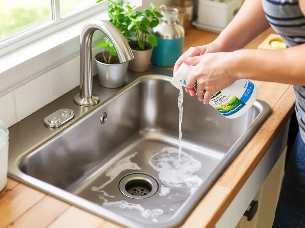 Person cleaning a potting bench sink with appropriate cleaning tools Person cleaning a potting bench sink with appropriate cleaning tools