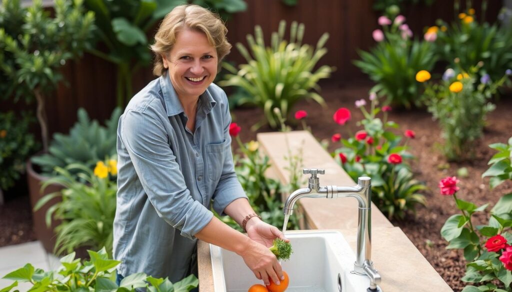 Person enjoying the convenience of an outdoor spigot sink