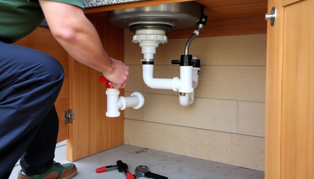 Person installing an outdoor sink, connecting plumbing components