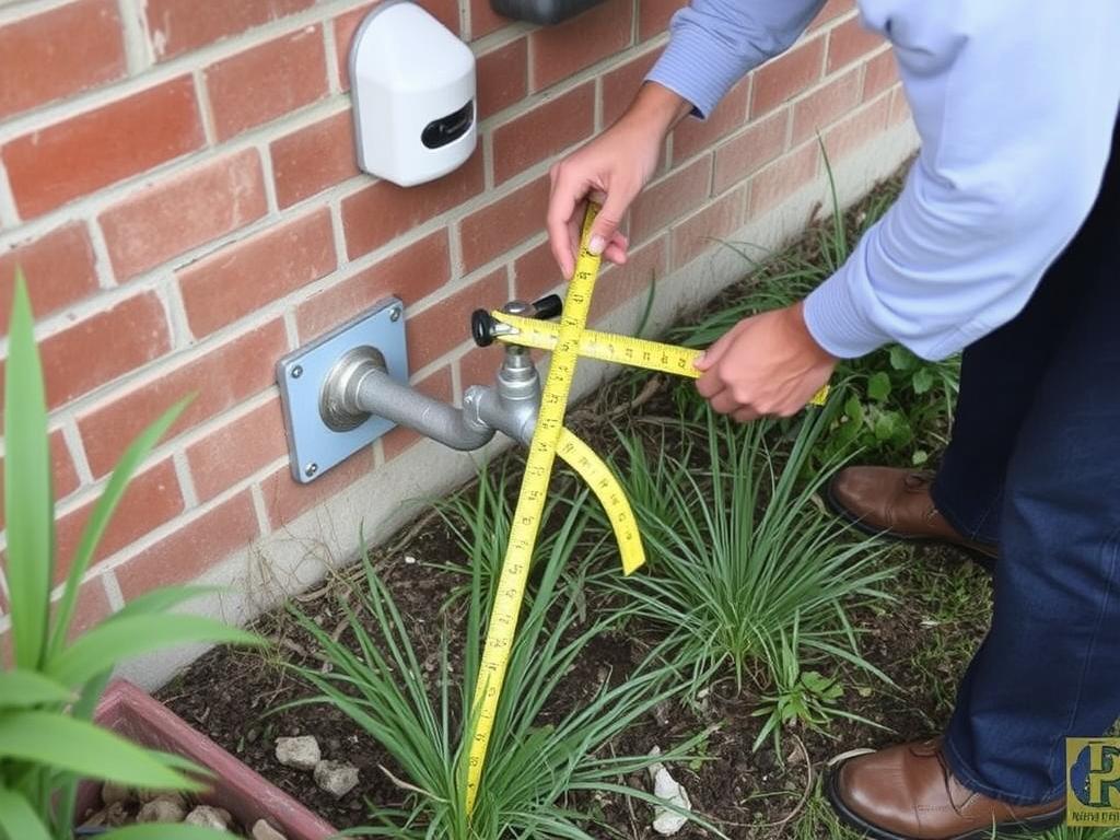 Person measuring and marking the location for an outdoor spigot sink