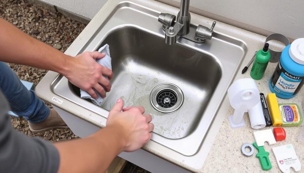 Person performing maintenance on outdoor laundry sink