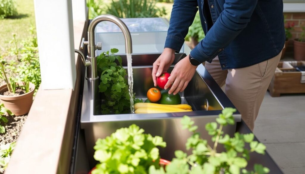 Person using a completed outdoor sink for gardening tasks
