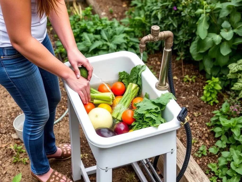 Person using an outdoor spigot sink to wash garden vegetables