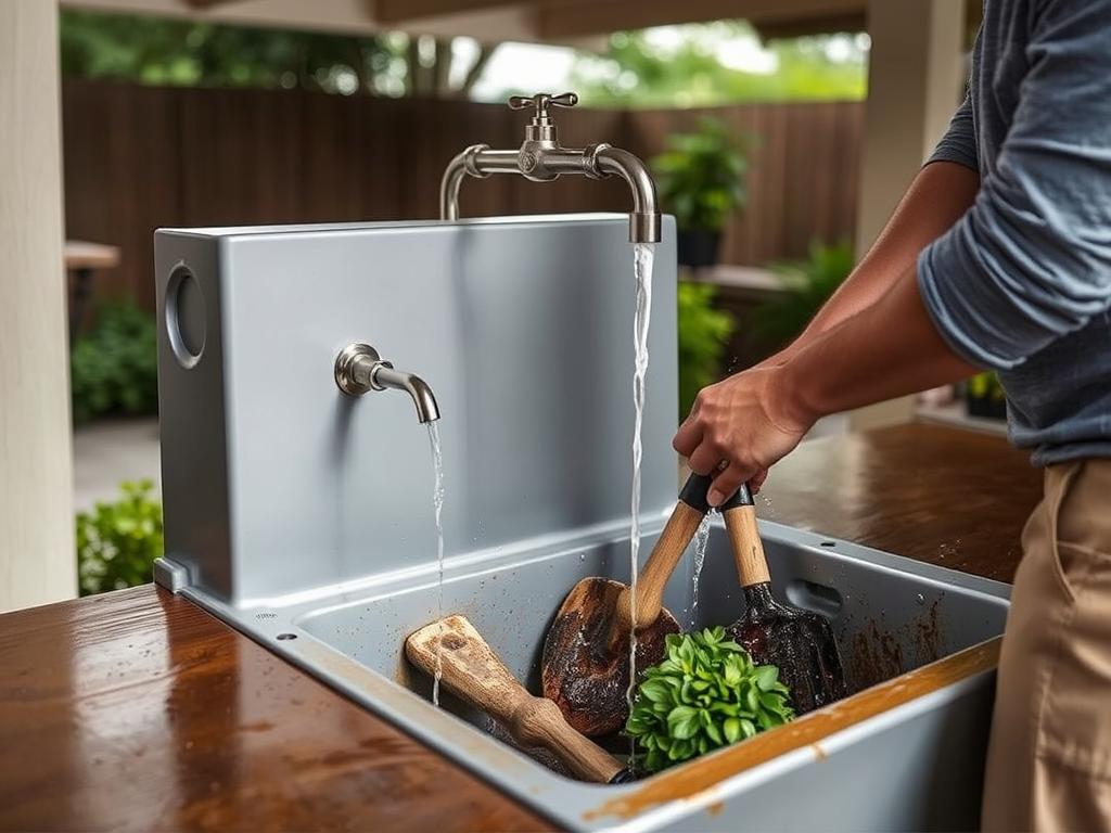 Person using outdoor laundry sink to clean gardening tools