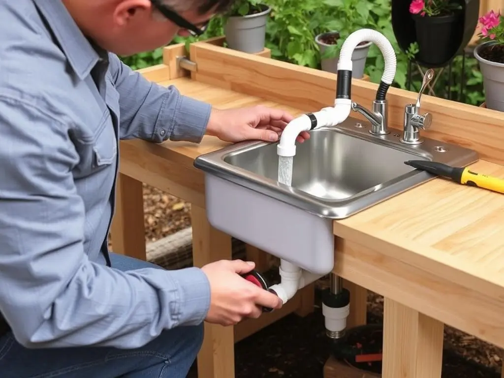 Potting bench installation showing water hookup and drainage connection Potting bench installation showing water hookup and drainage connection