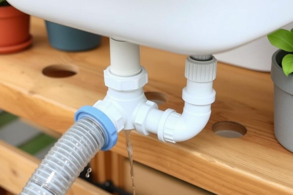 Potting bench sink with drainage system connected to garden hose