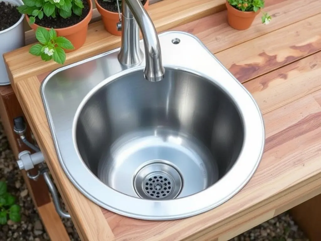 Potting bench sink with faucet connection and drainage system Potting bench sink with faucet connection and drainage system