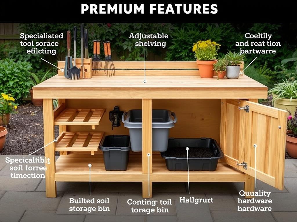 Potting bench with advanced features like tool storage and adjustable shelving