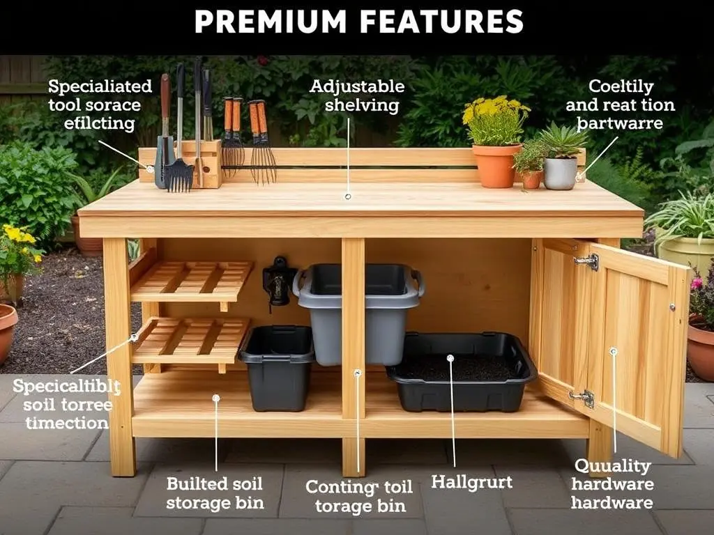 Potting bench with advanced features like tool storage and adjustable shelving Potting bench with advanced features like tool storage and adjustable shelving