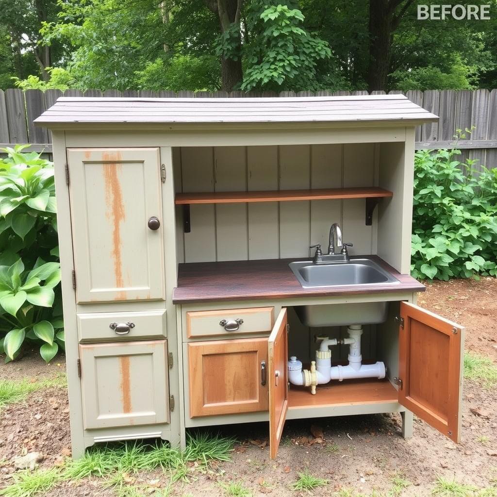 Repurposed cabinet outdoor kitchen sink with added roof for weather protection - low budget DIY project