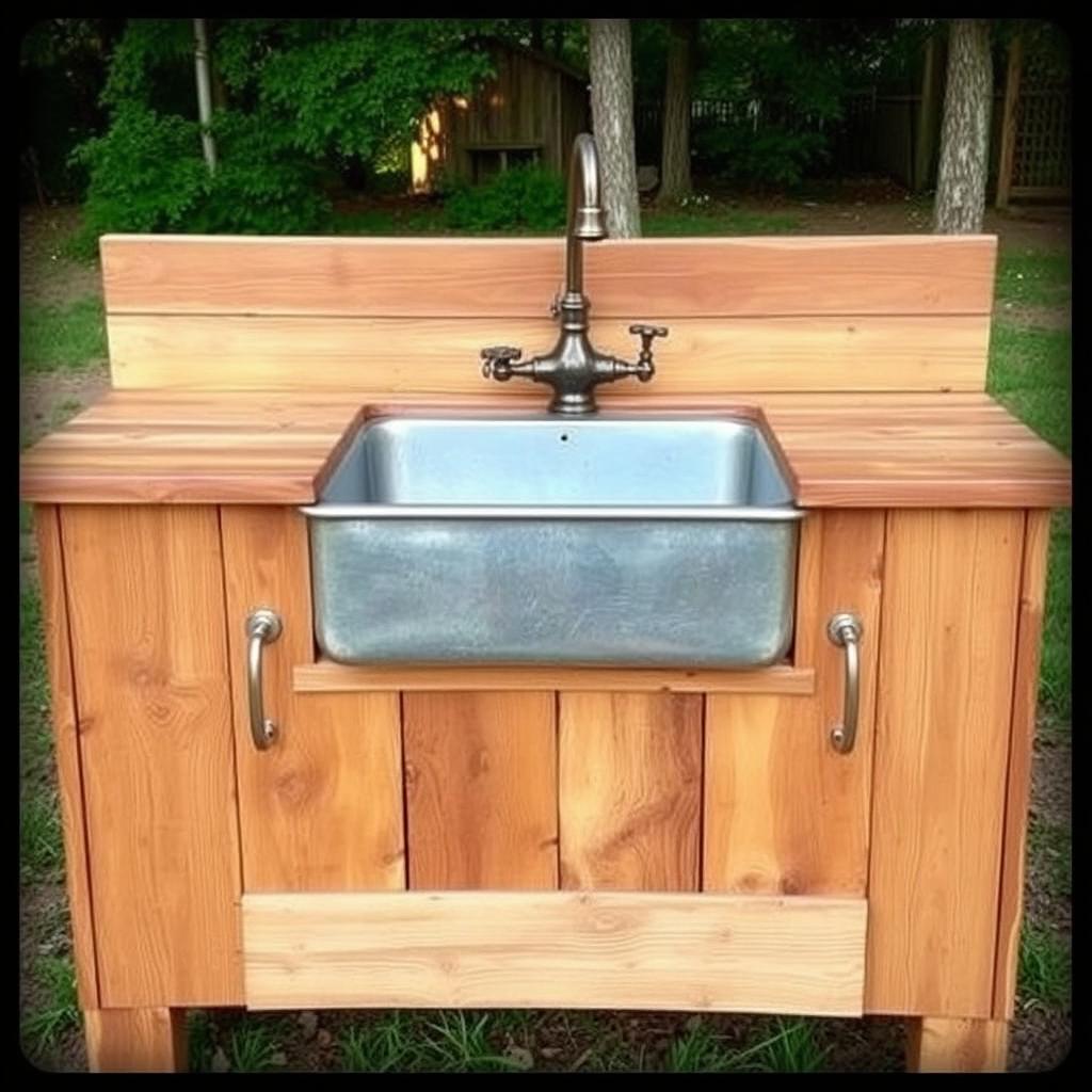 Rustic farmhouse style low budget DIY outdoor kitchen sink made with reclaimed wood and vintage faucet