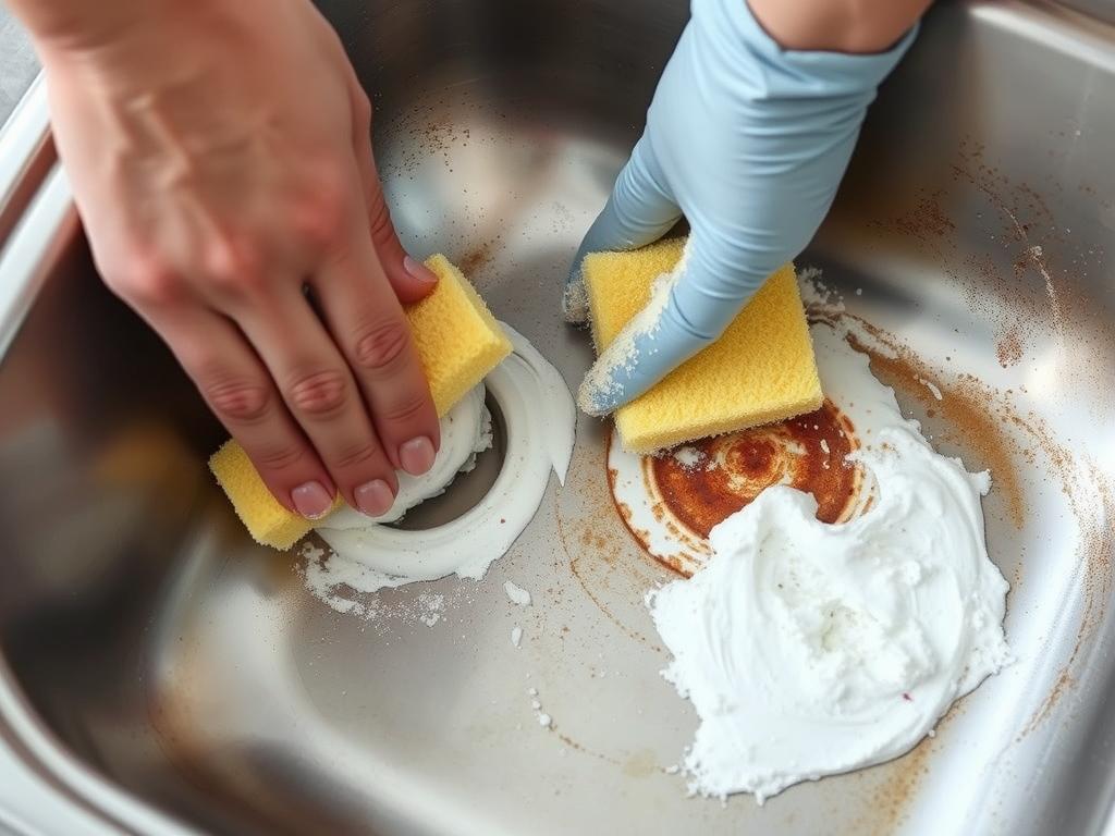Scrubbing rust stains with baking soda paste in circular motions