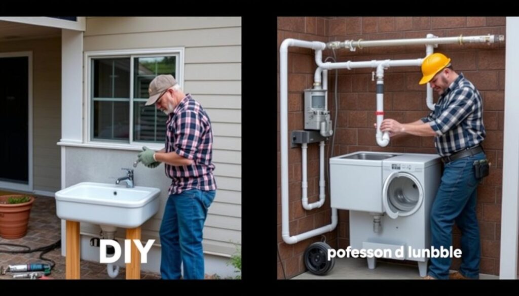 Split image showing DIY installation vs professional plumber installing outdoor sink