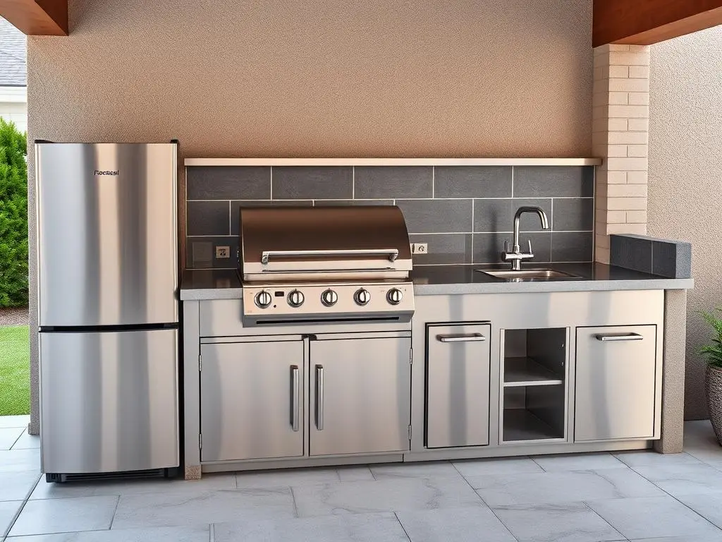 Stainless Steel Modular Outdoor Kitchen with Built-in Grill, Refrigerator, Sink and Storage Stainless Steel Modular Outdoor Kitchen with Built-in Grill, Refrigerator, Sink and Storage