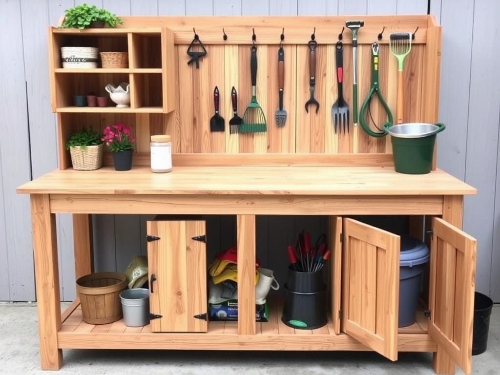 Storage features on an outdoor potting bench including shelves, hooks and cabinet