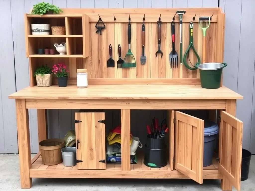 Storage features on an outdoor potting bench including shelves, hooks and cabinet Storage features on an outdoor potting bench including shelves, hooks and cabinet