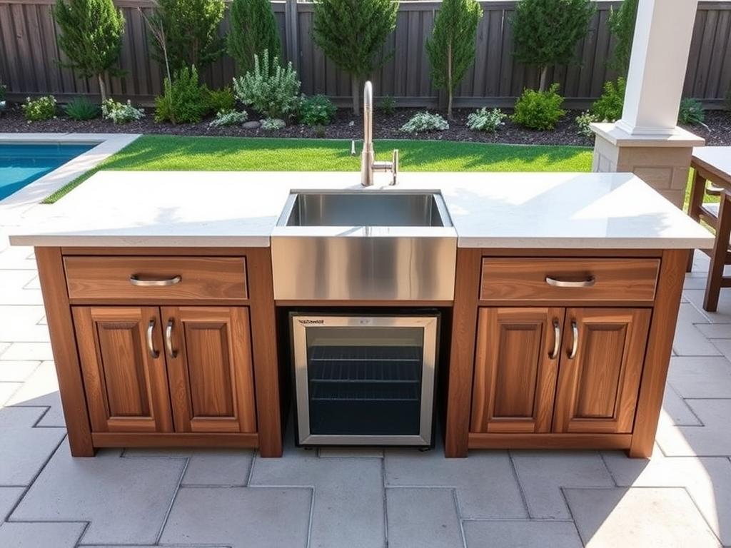 Straight outdoor kitchen island with central sink flanked by prep areas